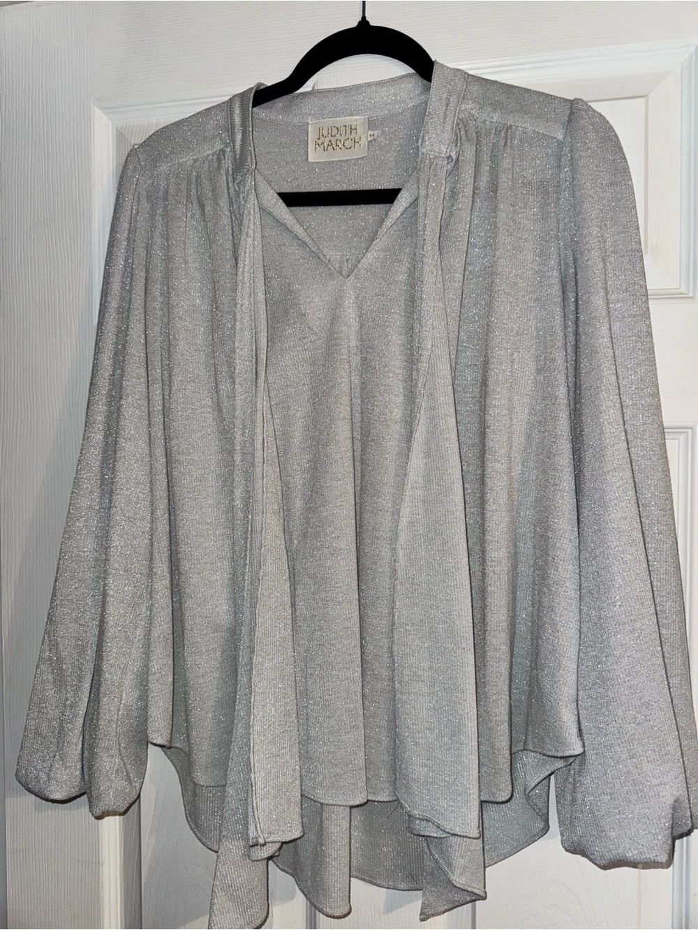 Judith March Metallic Silver V-Neck Tie-Front Blouse